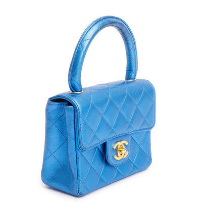 Chanel Vintage Metallic Blue Shiny Aged Calfskin Leather Mini Kelly Flap Bag