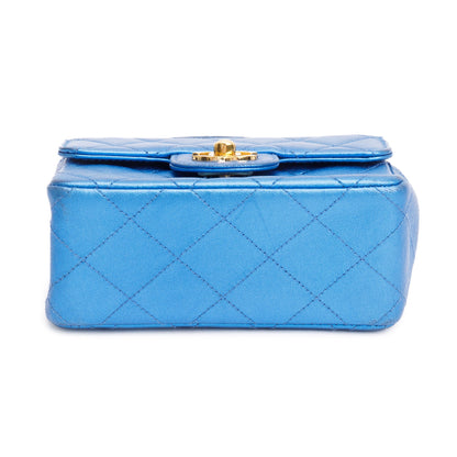 Chanel Vintage Metallic Blue Shiny Aged Calfskin Leather Mini Kelly Flap Bag