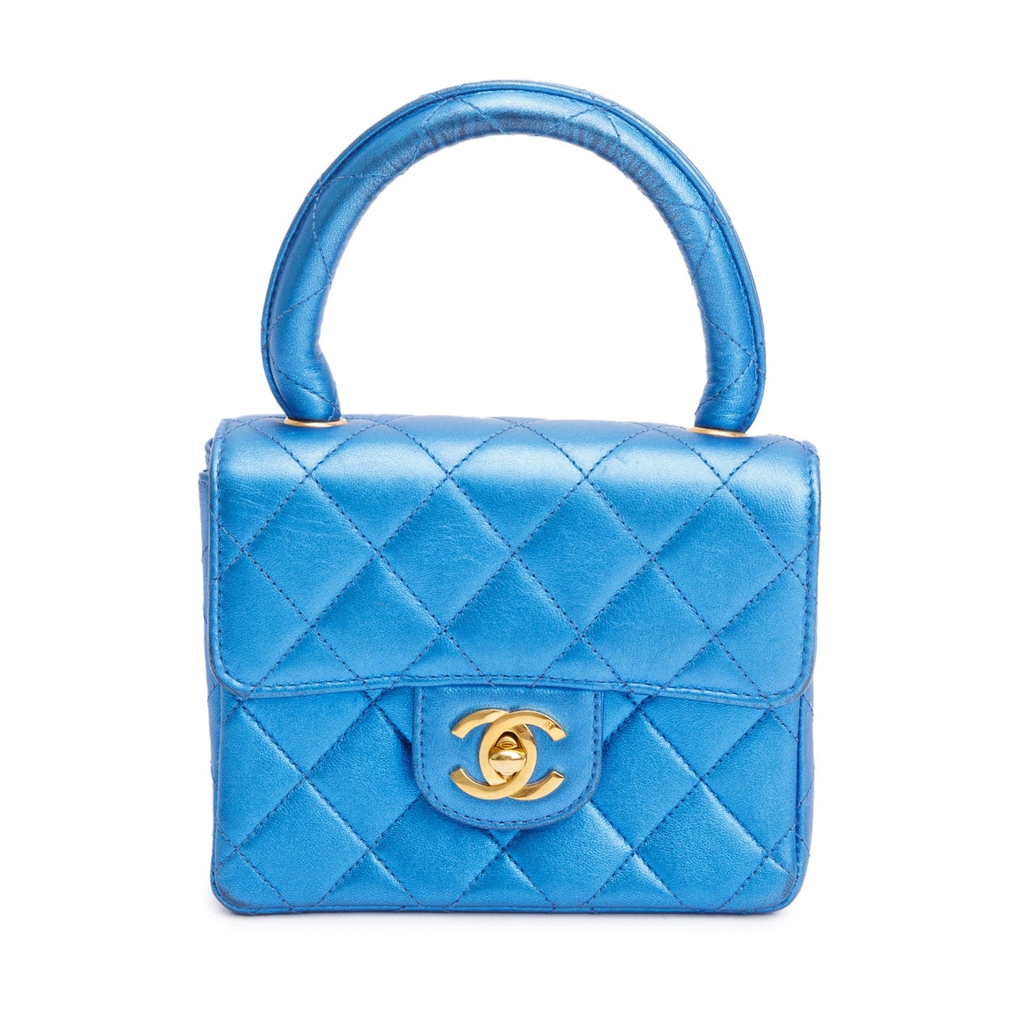 Chanel Vintage Metallic Blue Shiny Aged Calfskin Leather Mini Kelly Flap Bag
