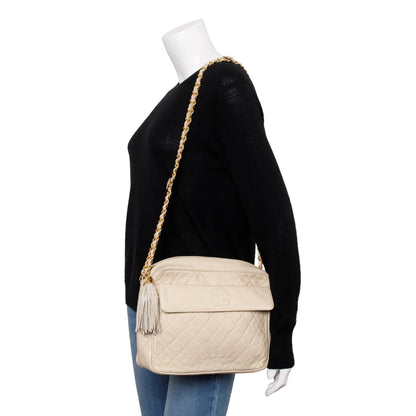 Chanel Vintage Neutral Quilted Lambskin Leather CC Tassel Camera Bag