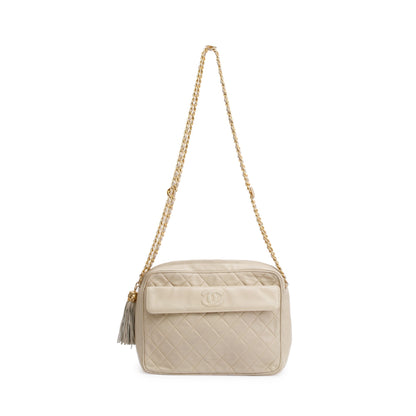 Chanel Vintage Neutral Quilted Lambskin Leather CC Tassel Camera Bag