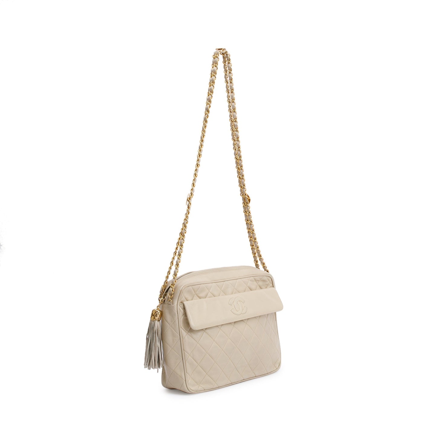 Chanel Vintage Neutral Quilted Lambskin Leather CC Tassel Camera Bag
