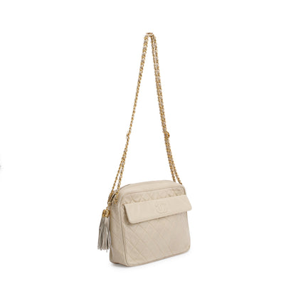 Chanel Vintage Neutral Quilted Lambskin Leather CC Tassel Camera Bag