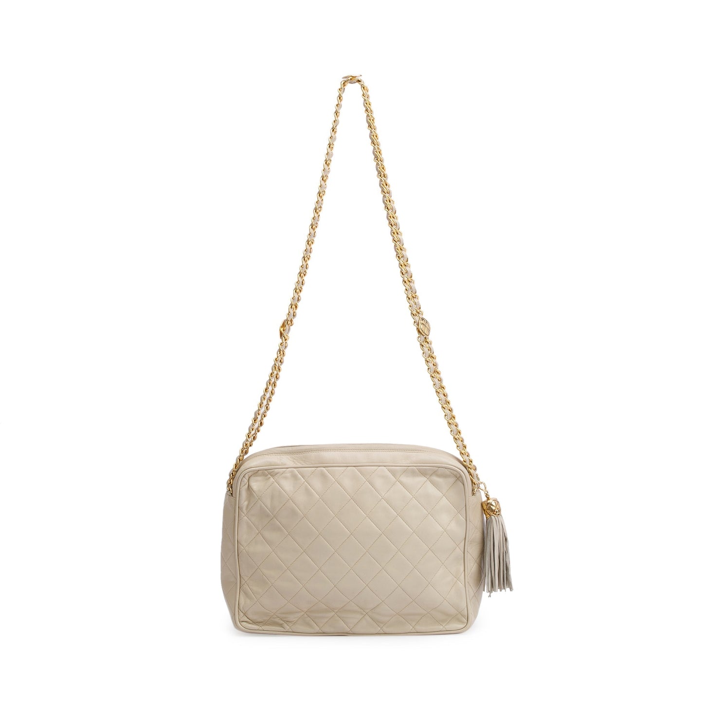 Chanel Vintage Neutral Quilted Lambskin Leather CC Tassel Camera Bag