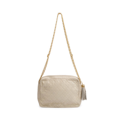 Chanel Vintage Neutral Quilted Lambskin Leather CC Tassel Camera Bag