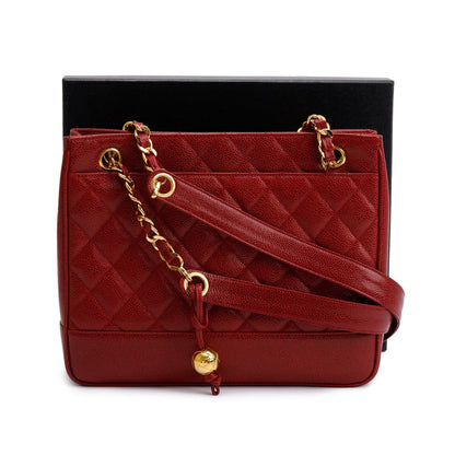 Chanel Vintage Red Caviar Leather Chain Tote