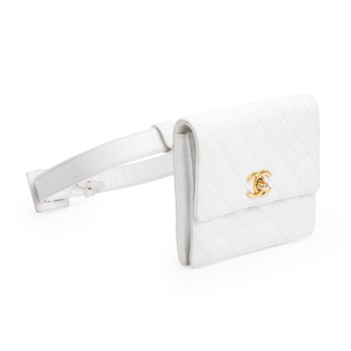 Chanel Vintage White Quilted Calfskin Leather Square Mini Flap Waist Bag, Size 70