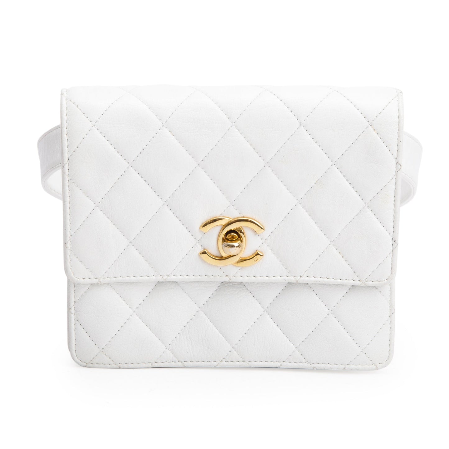 Chanel Vintage White Quilted Calfskin Leather Square Mini Flap Waist Bag, Size 70