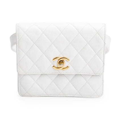 Chanel Vintage White Quilted Calfskin Leather Square Mini Flap Waist Bag, Size 70
