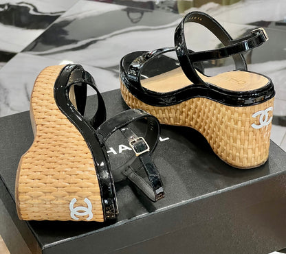 CHANEL CC Raffia Platform Wedge Heel Sandals