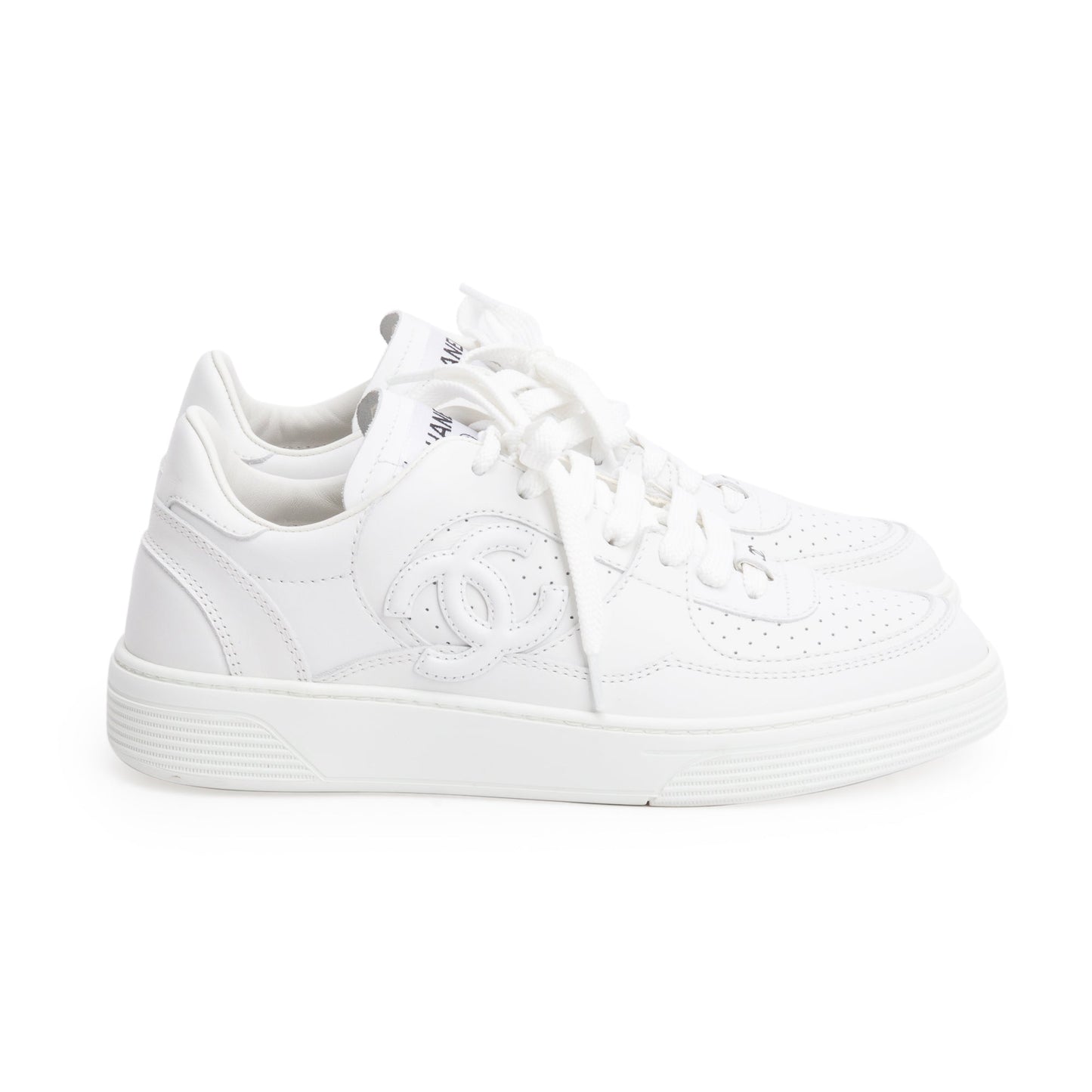 Chanel White Calfskin Leather CC Logo Low Sneakers, Size 37.5