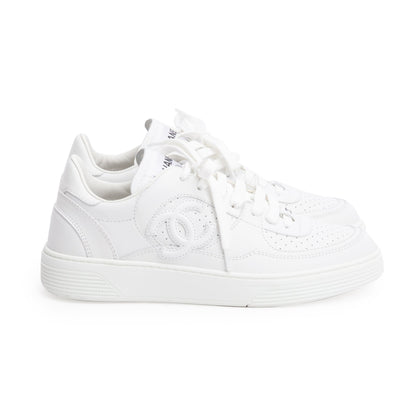 Chanel White Calfskin Leather CC Logo Low Sneakers, Size 37.5