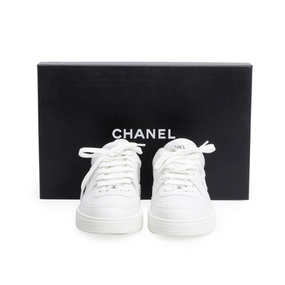 Chanel White Calfskin Leather CC Logo Low Sneakers, Size 37.5