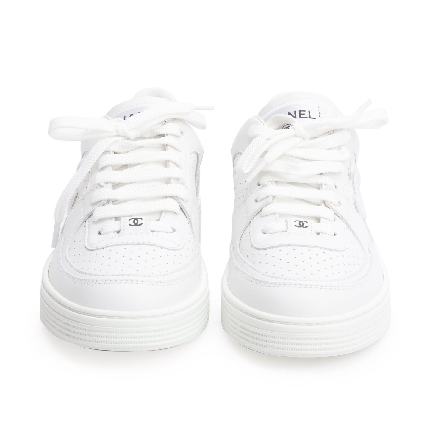 Chanel White Calfskin Leather CC Logo Low Sneakers, Size 37.5