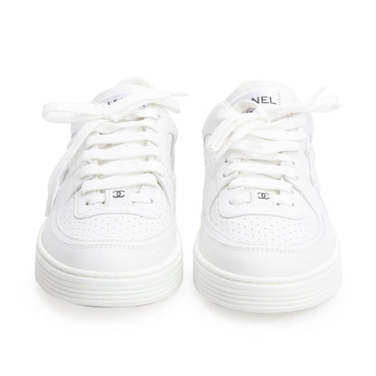 Chanel White Calfskin Leather CC Logo Low Sneakers, Size 37.5