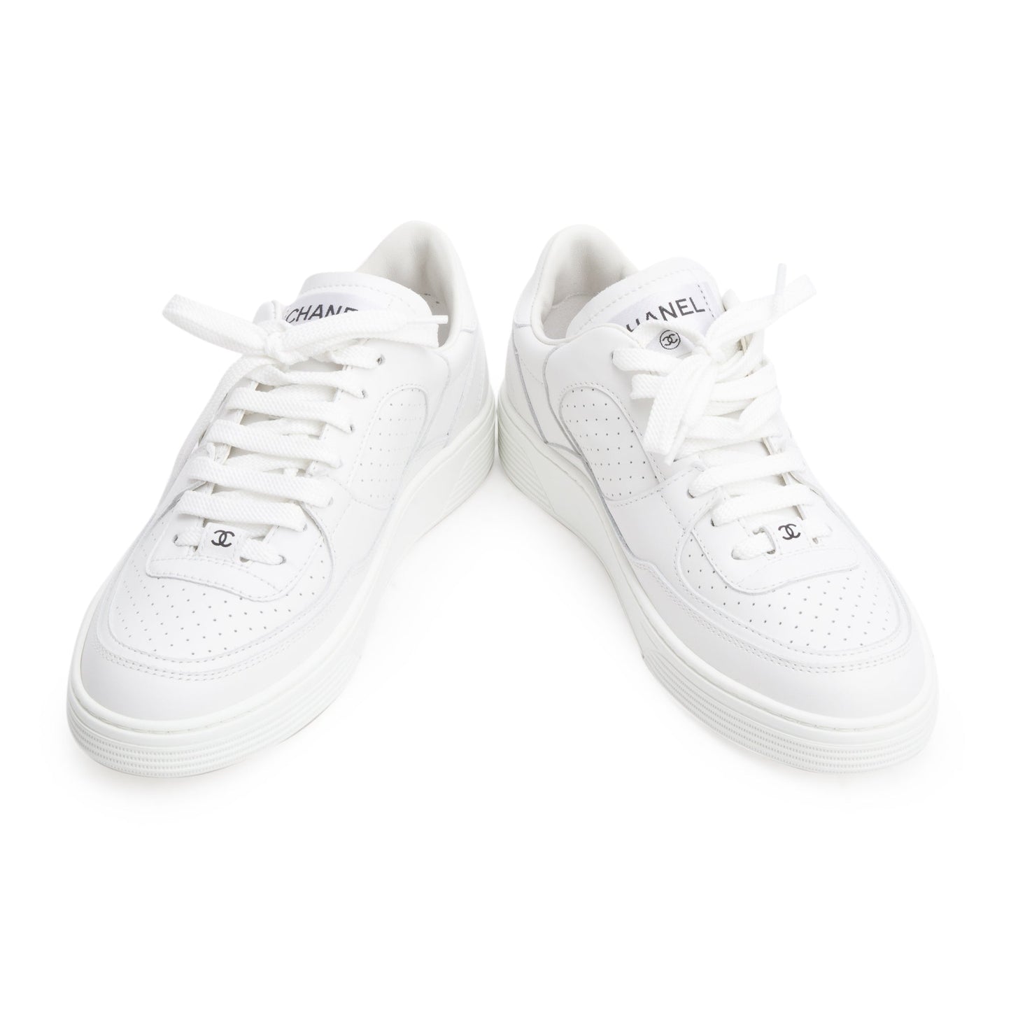 Chanel White Calfskin Leather CC Logo Low Sneakers, Size 37.5