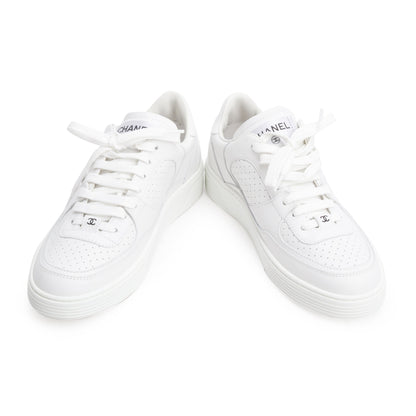 Chanel White Calfskin Leather CC Logo Low Sneakers, Size 37.5