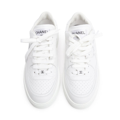 Chanel White Calfskin Leather CC Logo Low Sneakers, Size 37.5
