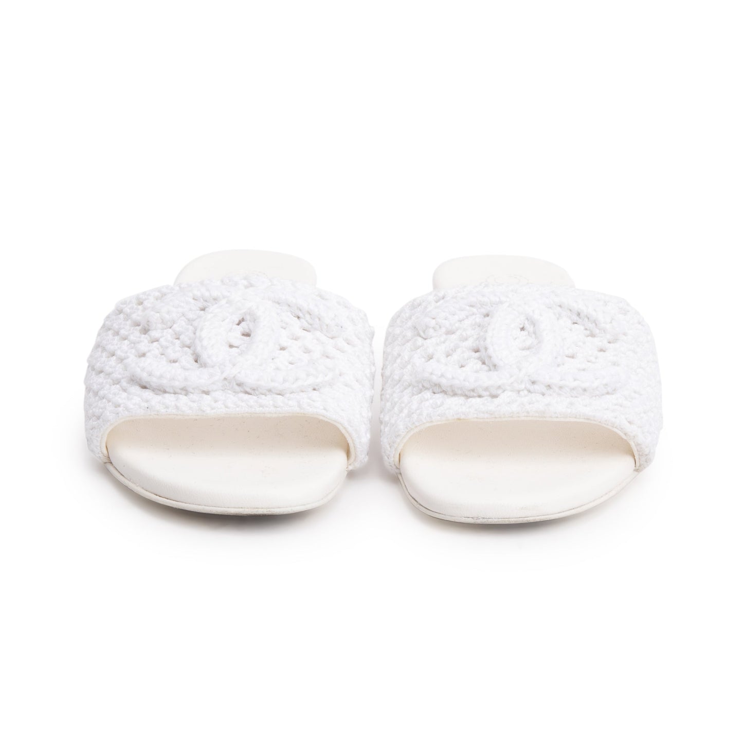 Chanel White Calfskin Leather Crochet CC Mules Sandals, Size 35