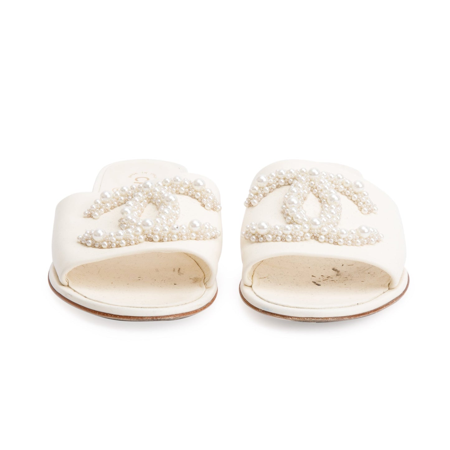Chanel White Calfskin Leather Faux Pearl CC Slide Sandals, Size 40