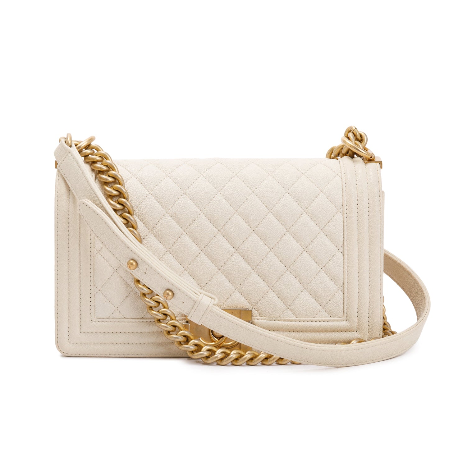 Chanel White Calfskin Leather Medium Boy Bag