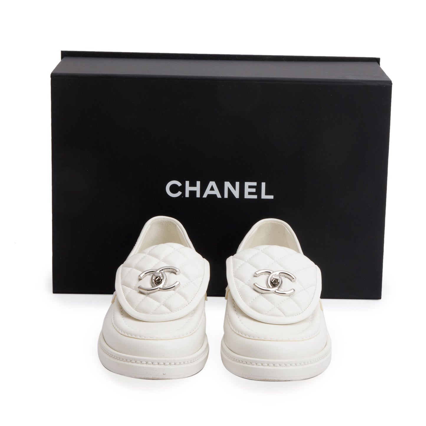 Chanel White Calfskin Leather Quilted CC Logo Loafer, Size 36