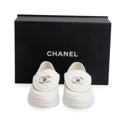 Chanel White Calfskin Leather Quilted CC Logo Loafer, Size 36