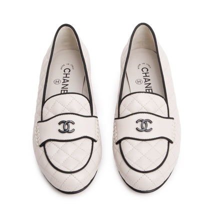 Chanel White Calfskin Leather Quilted CC Logo Loafer, Size 36
