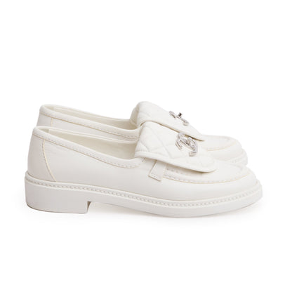 Chanel White Calfskin Leather Quilted CC Logo Loafer, Size 36