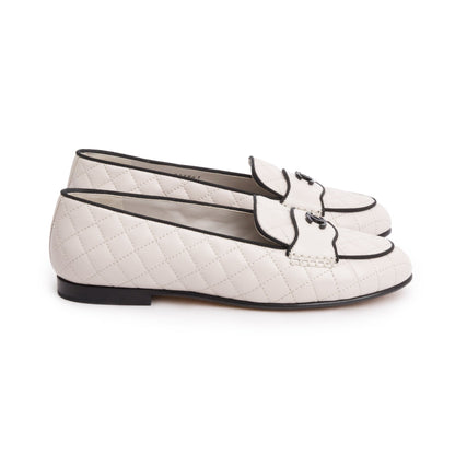 Chanel White Calfskin Leather Quilted CC Logo Loafer, Size 36