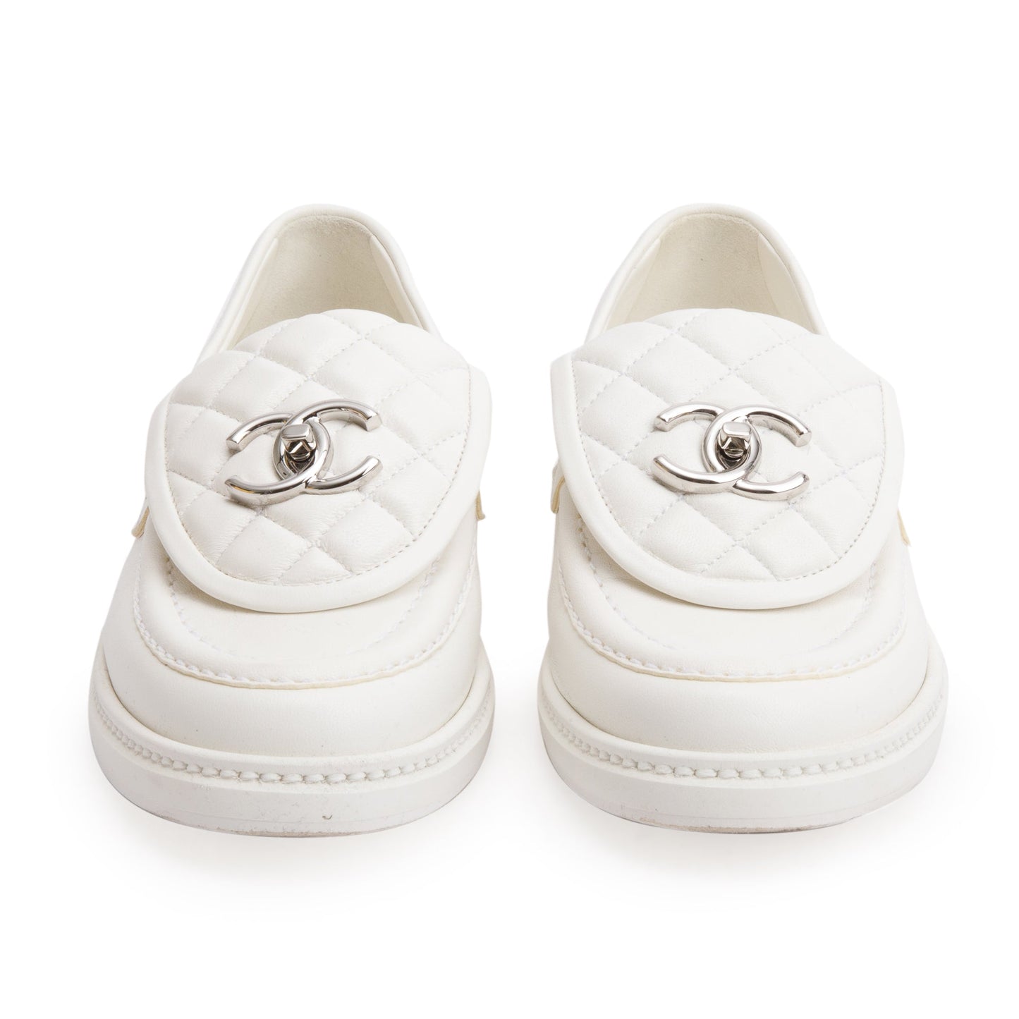 Chanel White Calfskin Leather Quilted CC Logo Loafer, Size 36