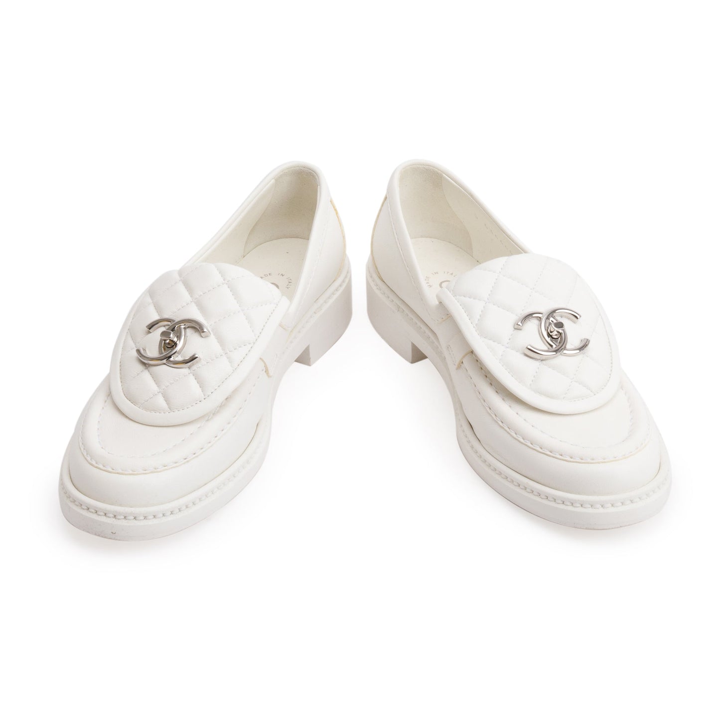 Chanel White Calfskin Leather Quilted CC Logo Loafer, Size 36