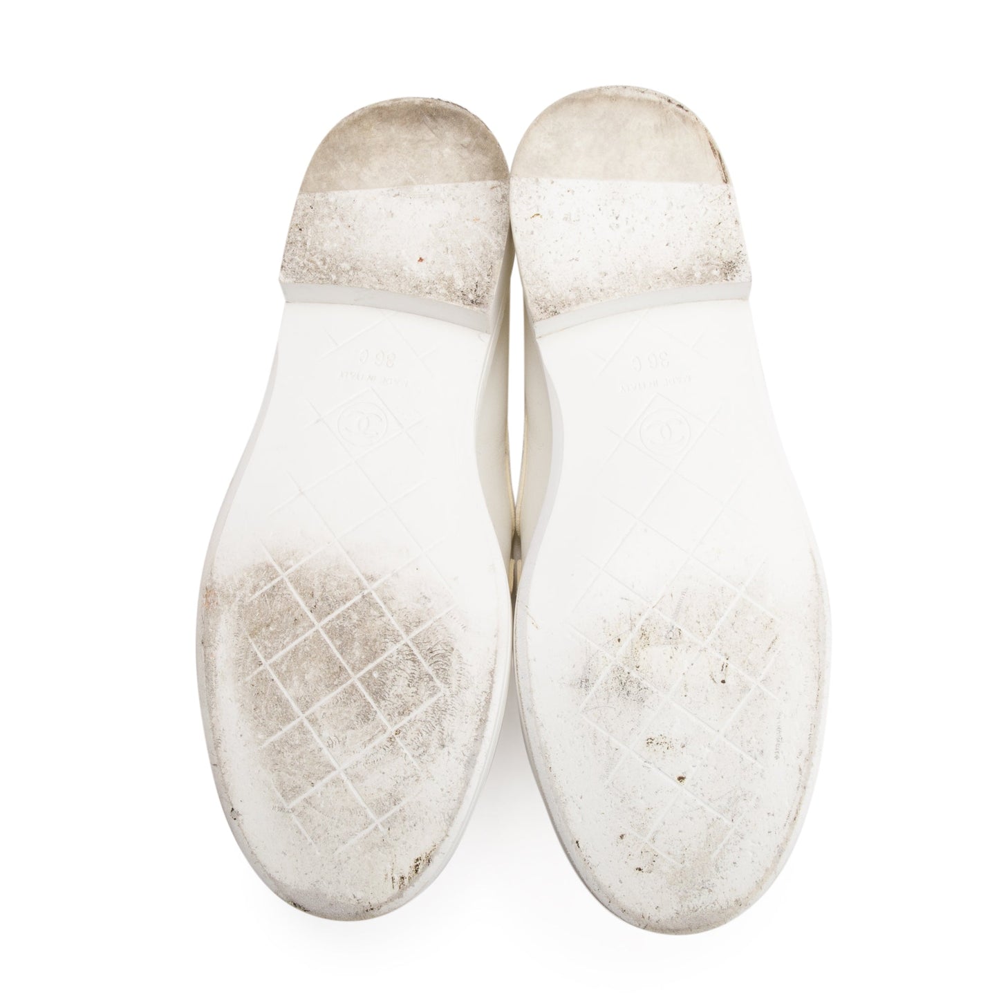Chanel White Calfskin Leather Quilted CC Logo Loafer, Size 36