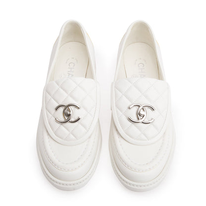 Chanel White Calfskin Leather Quilted CC Logo Loafer, Size 36
