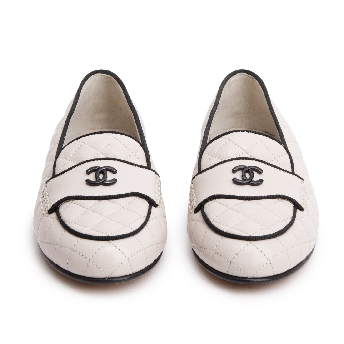 Chanel White Calfskin Leather Quilted CC Logo Loafer, Size 36