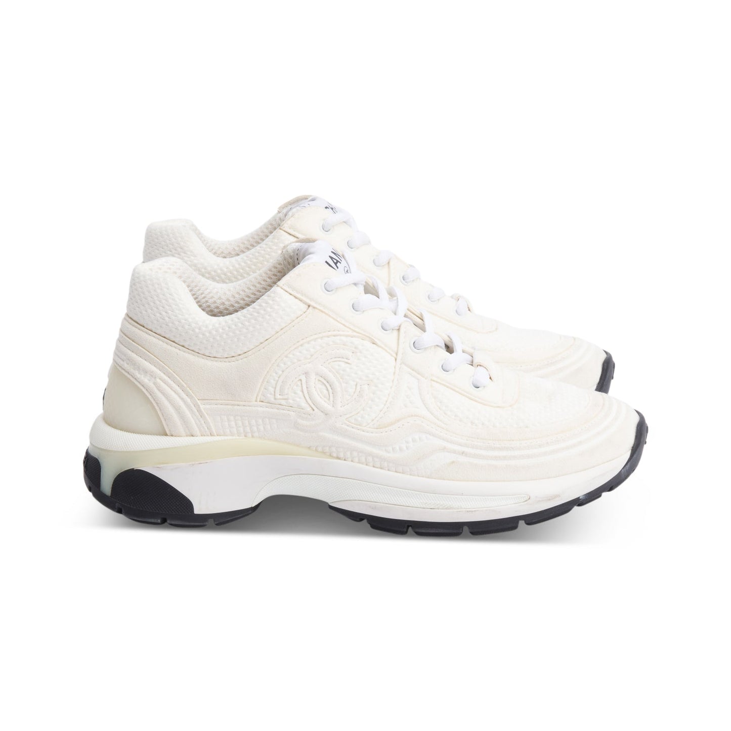 Chanel White Calfskin Nylon Suede CC Logo Sneakers, Size 35