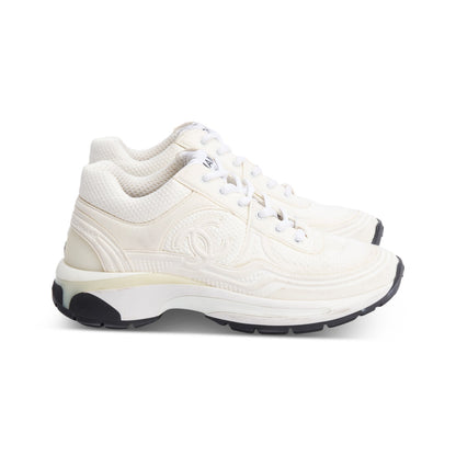 Chanel White Calfskin Nylon Suede CC Logo Sneakers, Size 35