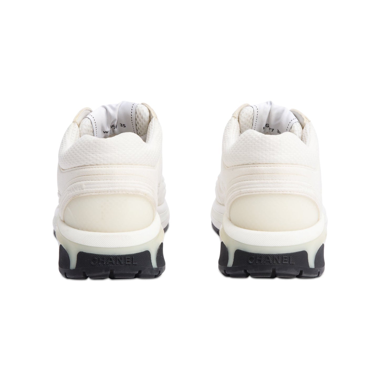 Chanel White Calfskin Nylon Suede CC Logo Sneakers, Size 35