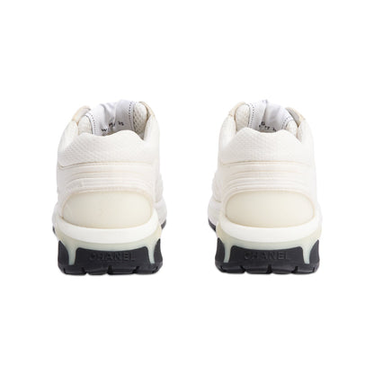 Chanel White Calfskin Nylon Suede CC Logo Sneakers, Size 35
