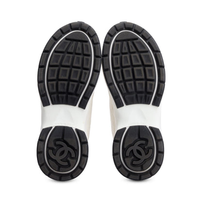 Chanel White Calfskin Nylon Suede CC Logo Sneakers, Size 35