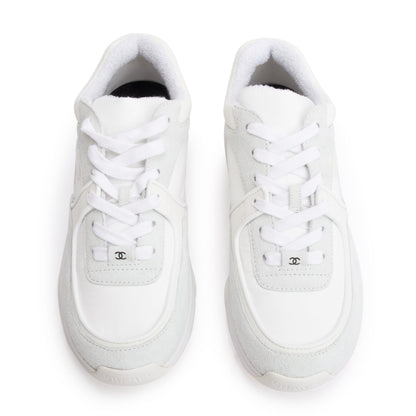 Chanel White Calfskin Nylon Suede CC Logo Sneakers, Size 37.5