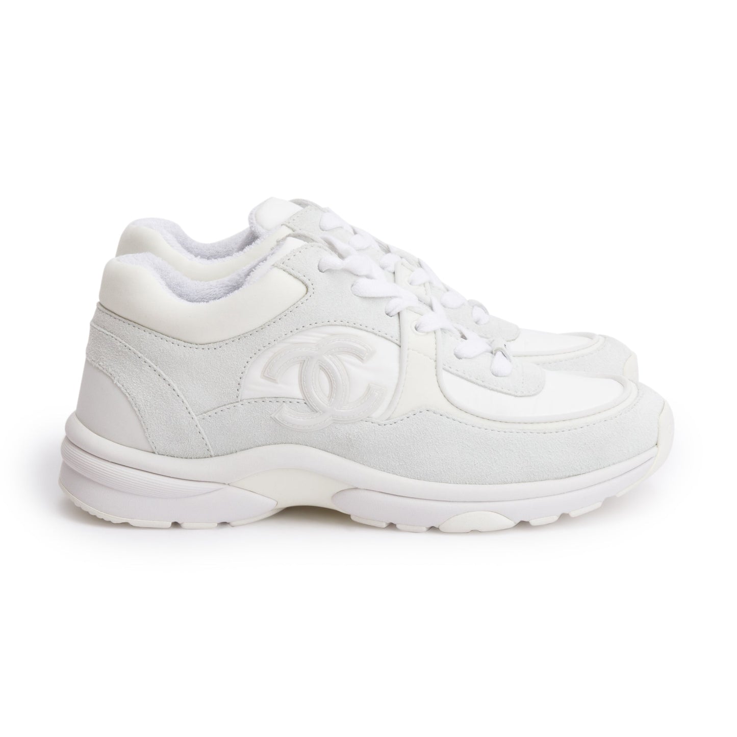 Chanel White Calfskin Nylon Suede CC Logo Sneakers, Size 37.5