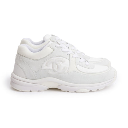Chanel White Calfskin Nylon Suede CC Logo Sneakers, Size 37.5