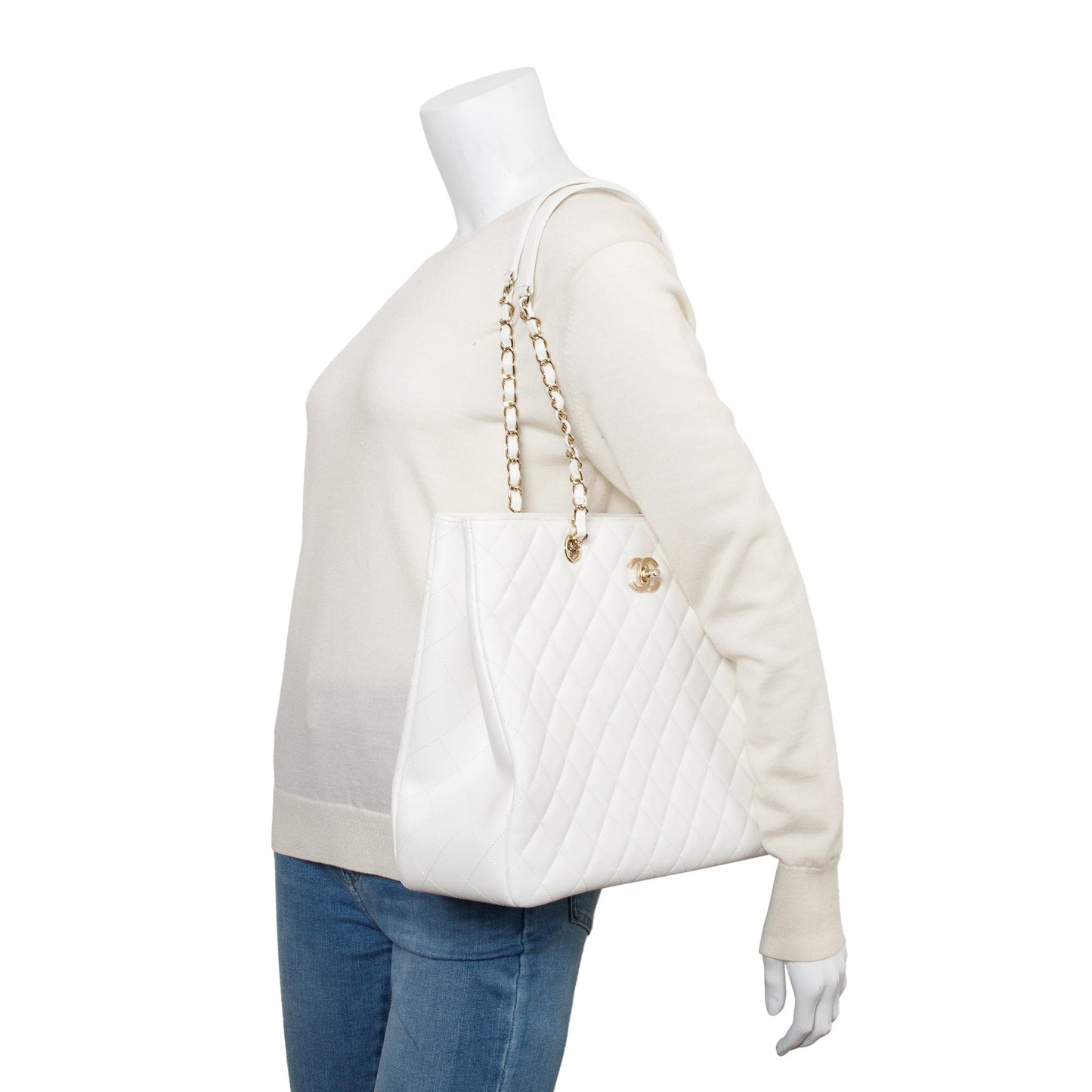 Chanel White Caviar Leather Classic Timeless Large Shopping Tote