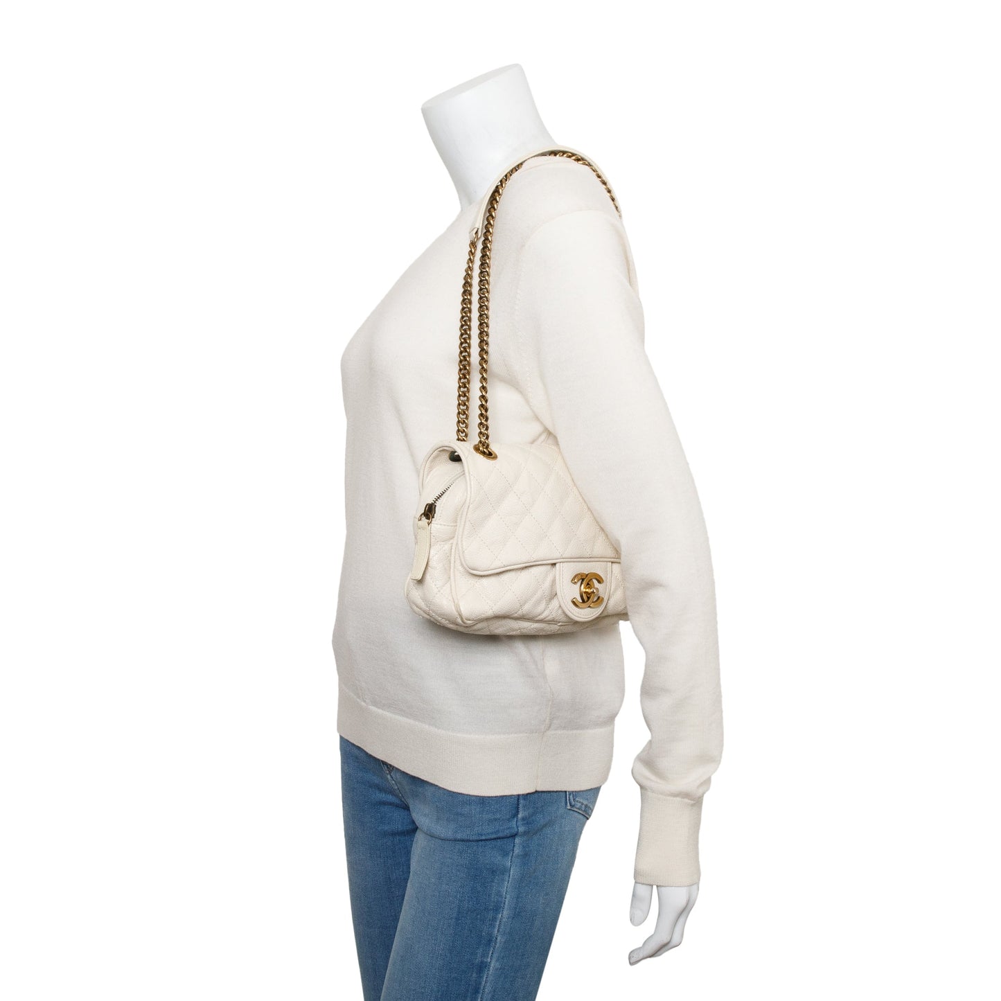 Chanel White Caviar Leather Medium Easy Flap Bag