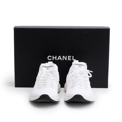 Chanel White Fabric Knit Sock Logo Sneakers, Size 37.5