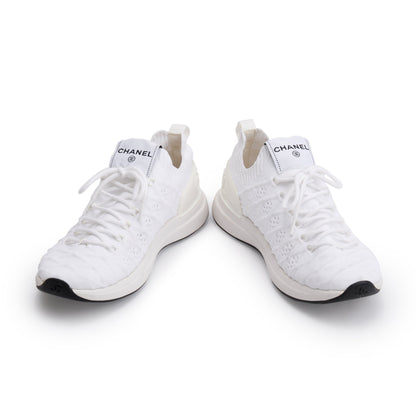 Chanel White Fabric Knit Sock Logo Sneakers, Size 37.5