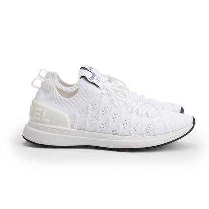 Chanel White Fabric Knit Sock Logo Sneakers, Size 37.5