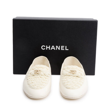 Chanel White Lambskin Leather CC Logo Beaded Loafer, Size 40