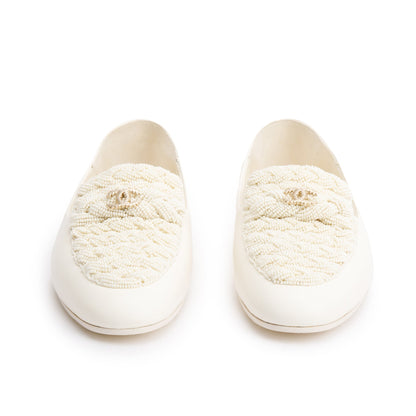 Chanel White Lambskin Leather CC Logo Beaded Loafer, Size 40